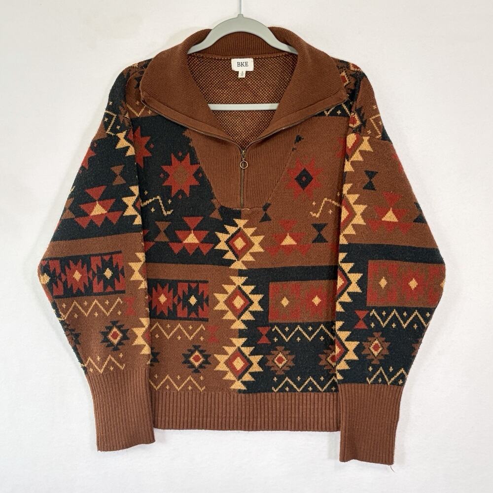 BKE Sweater Mens Small Brown Aztec Western 1/4 Zip Collared Knit Pullover
